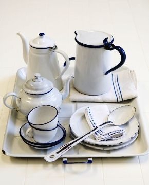 a tray with plates, cups and saucers on it that is sitting next to each other