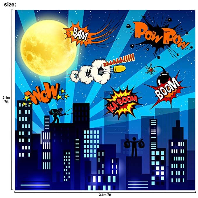 an image of a night scene with the moon in the sky and comic characters flying around