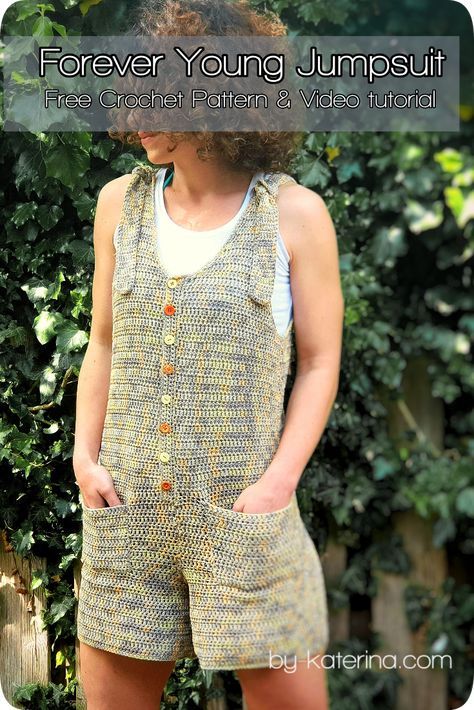 a woman standing in front of a fence with her hands on her hips and the text, forever young jumpsuit free crochet pattern & video tutor