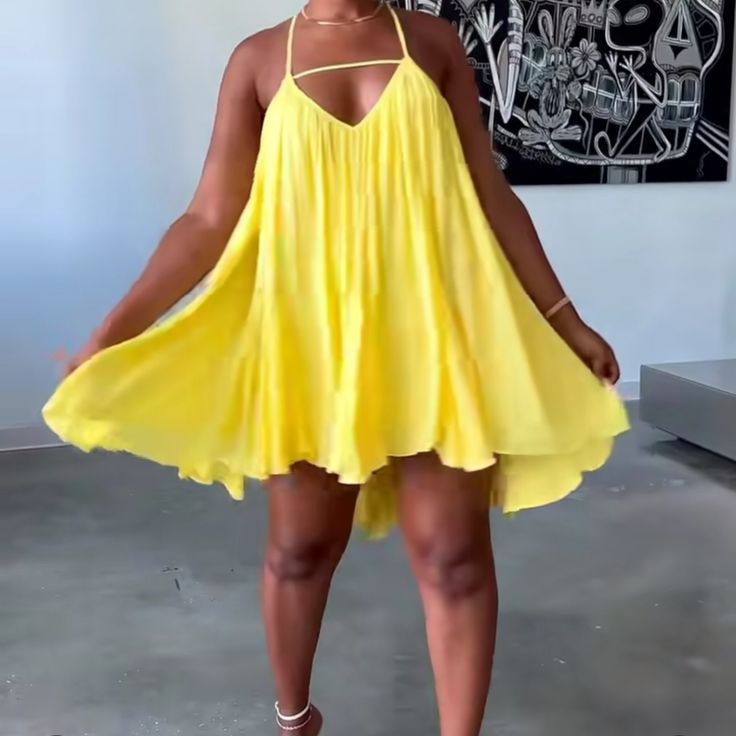 This Dress Is Longer Than Pictured. Please See Video. Available In Yellow Blue And White. Please Let Us Know What Color You Want Yellow Mini Dress With Spaghetti Straps For Beach, Yellow Spaghetti Strap Mini Dress For The Beach, Yellow Beach Mini Dress With Spaghetti Straps, Yellow Spaghetti Strap Mini Dress For Beach, Yellow Summer Mini Dress For A Day Out, Yellow Mini Sundress For Vacation, Chic Yellow Mini Sundress, Yellow Summer Sundress For Party, Chic Yellow Flowy Mini Dress