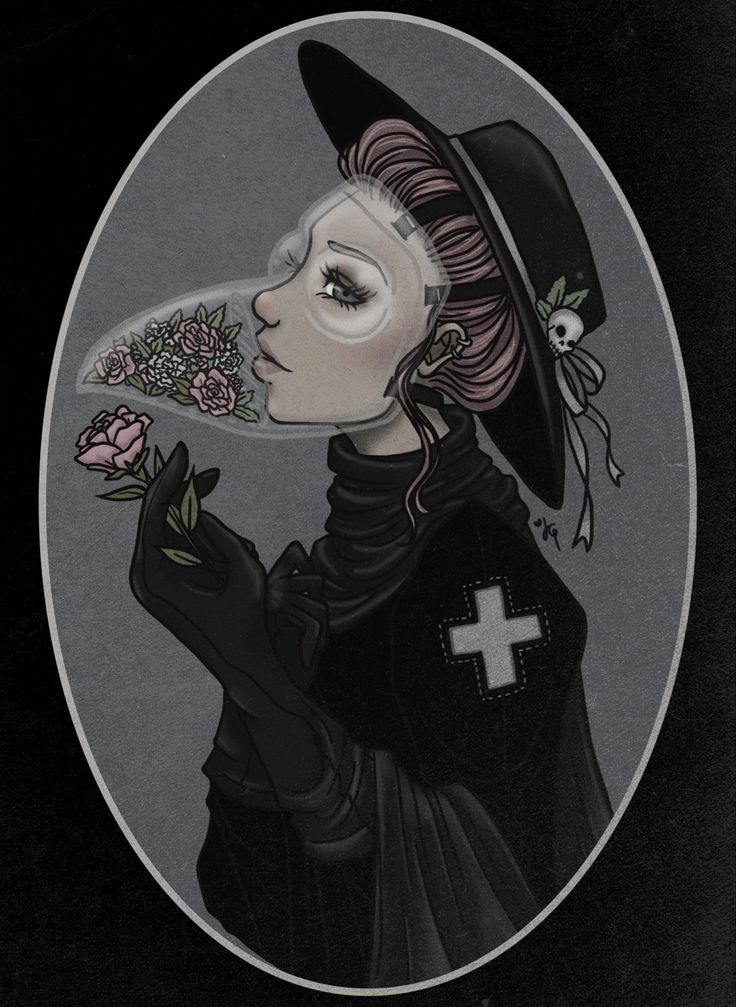 a drawing of a woman with flowers in her hand and a cross on the nose