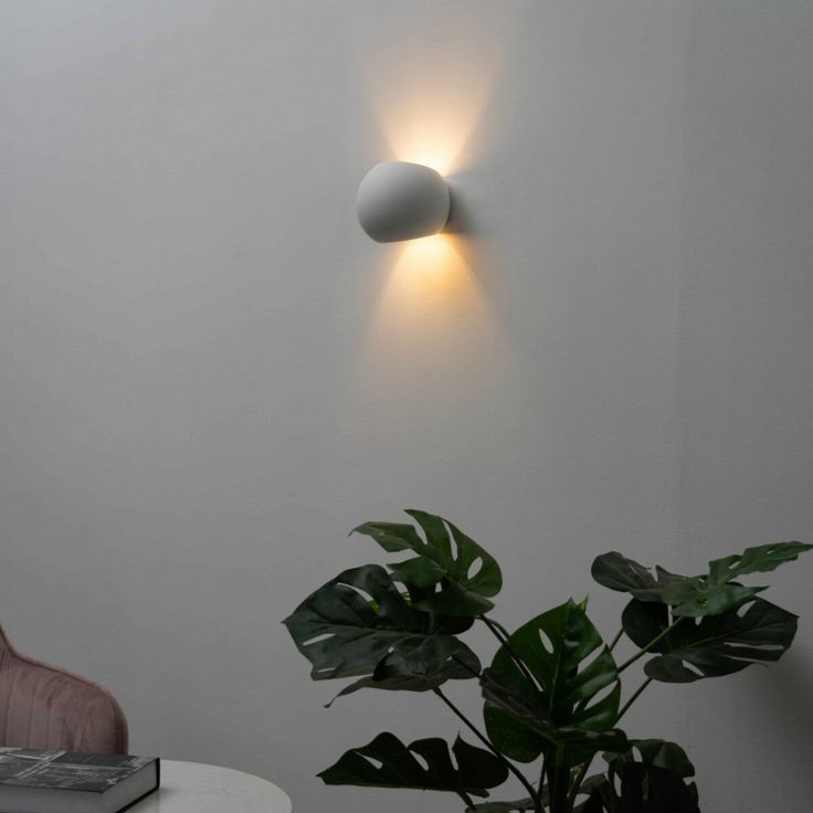 a white light is on the wall above a potted plant