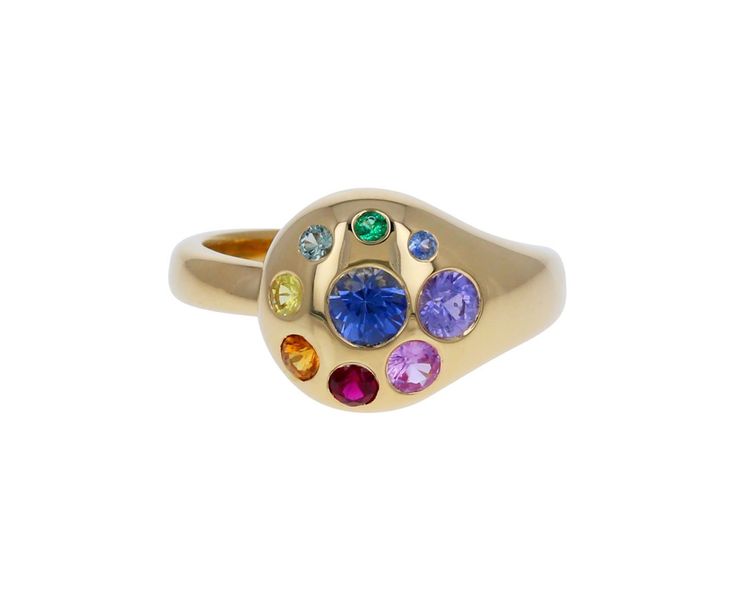 Wear this colorful Brent Neale ring as a stylish, modern alternative to the traditional cocktail ring. The polished 18K yellow gold circular ring face is set with a round pale blue sapphire at the center surrounded by a halo of smaller rainbow sapphires varying slightly in size. Whether worn on your ring finger or as a cocktail ring, this sparkler begs for a closer look.ring face : just under 1/2" diameterrainbow sapphires : vary : 1.5mm diameter to 4.5mm diameter each18K yellow gold band width Rainbow Multi-stone Round Sapphire Ring, Multicolor Round Sapphire Ring Fine Jewelry, Multicolor Sapphire Ring Fine Jewelry, Multicolor Sapphire Ring, Yellow Gold Multi-stone Dome Ring, Rainbow Multi-stone Round Rings, Yellow Gold Multi-stone Sapphire Ring, Brent Neale, Petal Ring