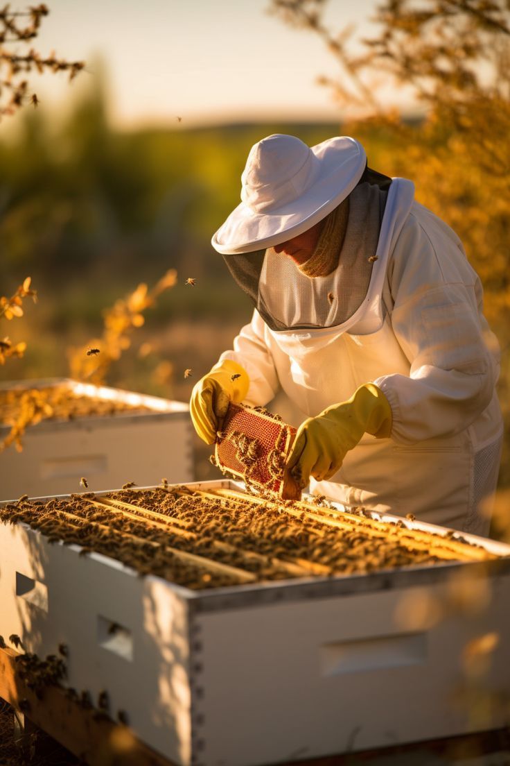 a beekeeper is inspecting the honeycombs in his hive box