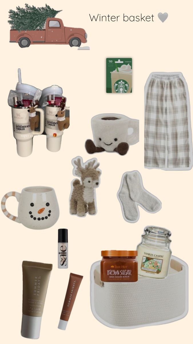 various items are arranged in the shape of a christmas tree, including coffee mugs, mittens, and other holiday gifts