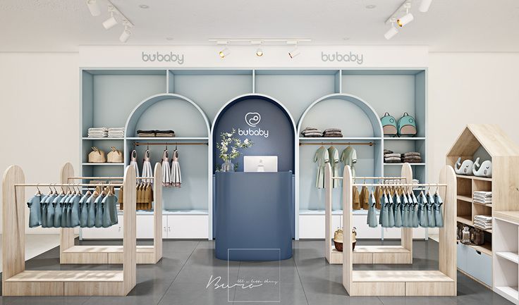 the inside of a clothing store with shelves and clothes on display in front of it