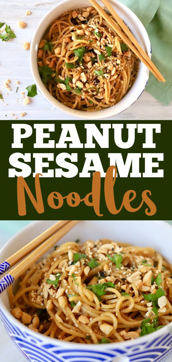 peanut sesame noodles in a bowl with chopsticks next to it and the title reads, peanuts sesame noodles noodle