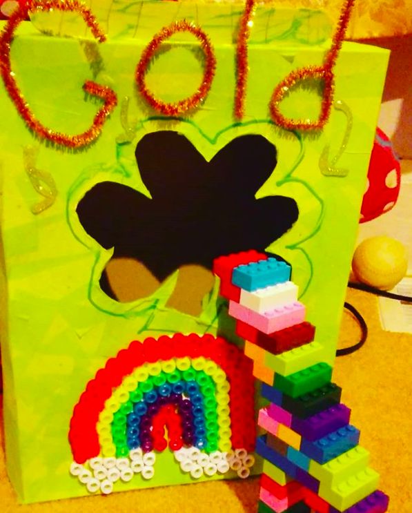 a bag that is made out of legos and has a st patrick's day design on it