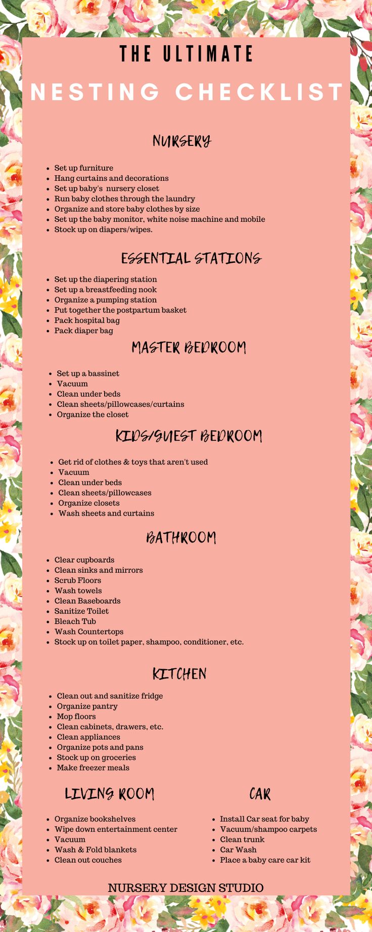 the ultimate nursing checklist is shown in pink and yellow flowers with green leaves on it