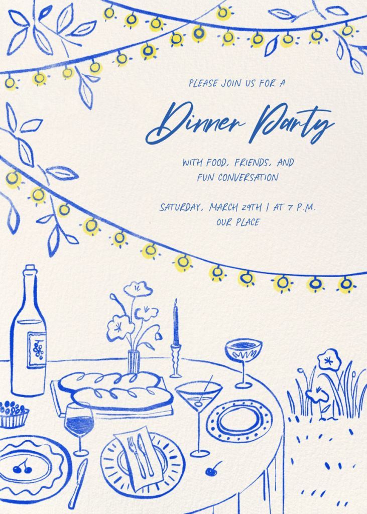 a blue and white dinner party card with an illustration of a table set for two