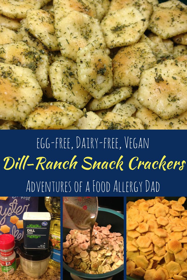 a collage of pictures showing different types of crackers and dips, with text overlay that reads egg - free dairy - free vegan dill ranch snack crackers adventures