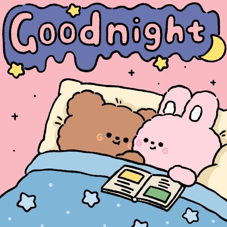 two teddy bears are laying in bed with an open book and the words goodnight written above them