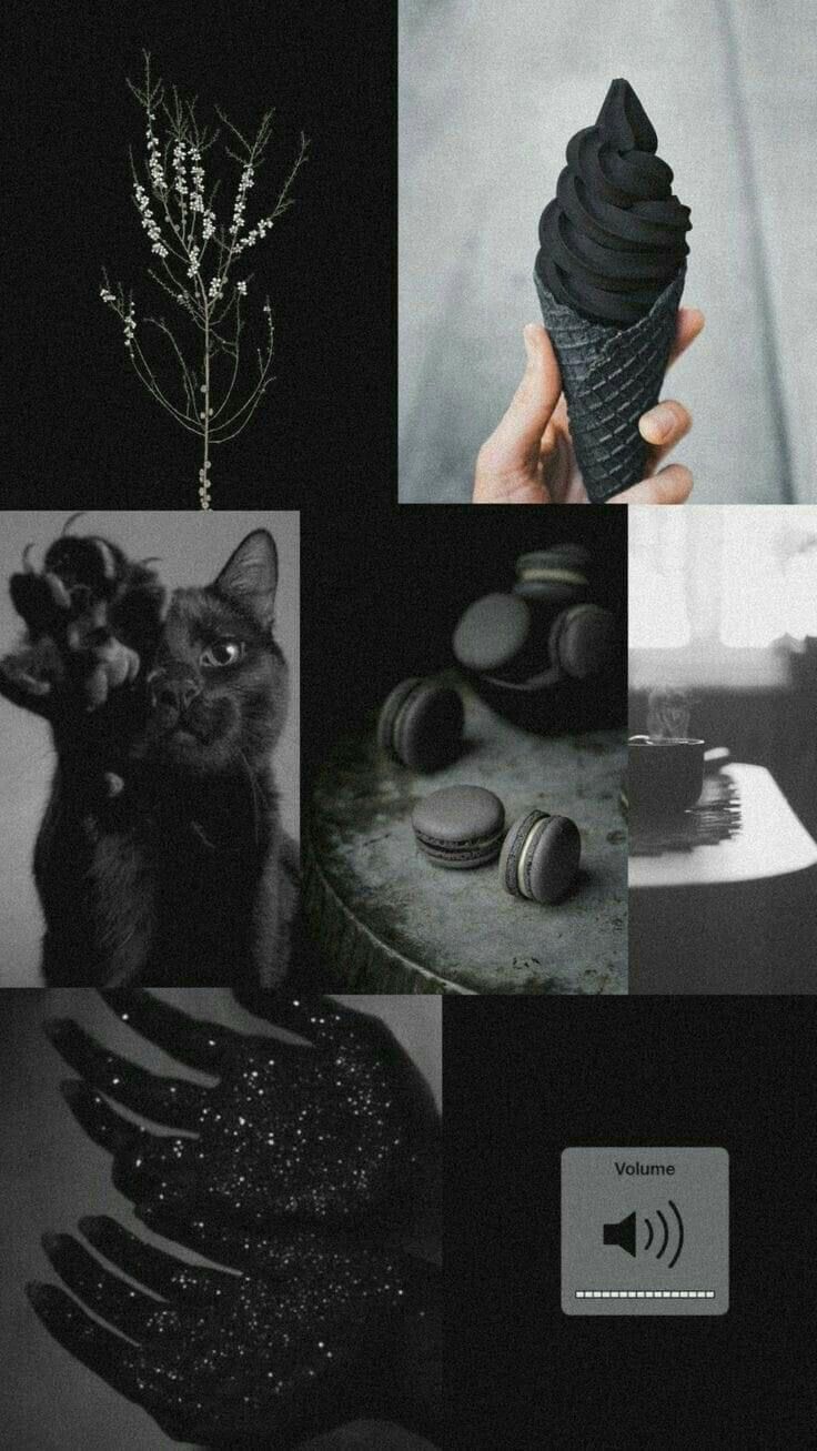 a collage with black and white images, including an ice cream cone, hand holding a cat