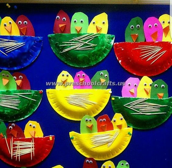 colorful paper plates with birds on them sitting in front of a blue background and text overlay