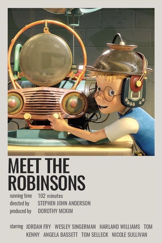 the poster for meet the robinsons shows a cartoon character with headphones and a radio