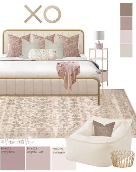 a bedroom is shown with neutrals and pinks