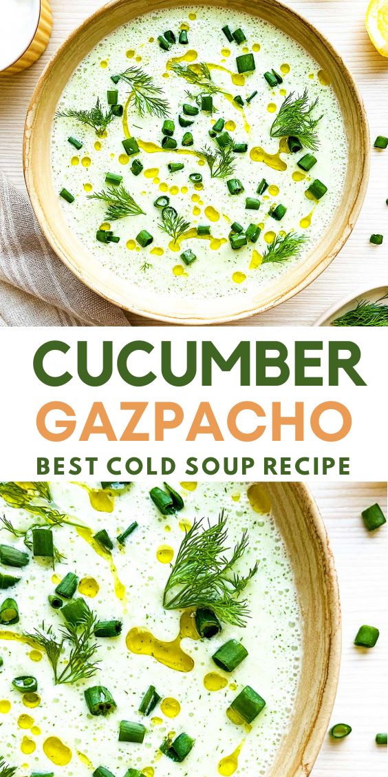 two bowls filled with cucumber gazpacho soup and topped with fresh herbs