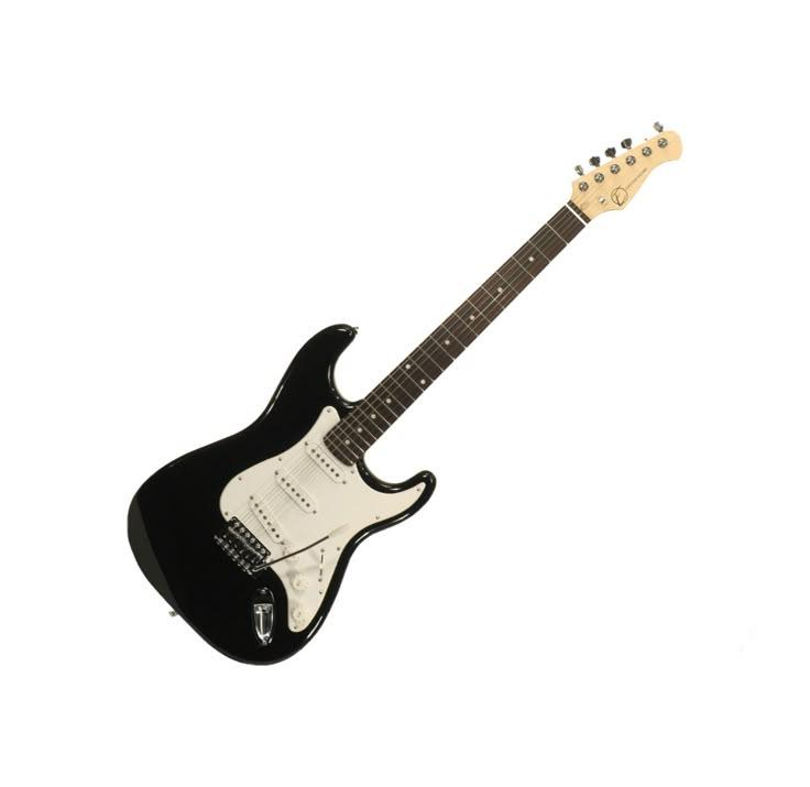 a black and white electric guitar on a white background