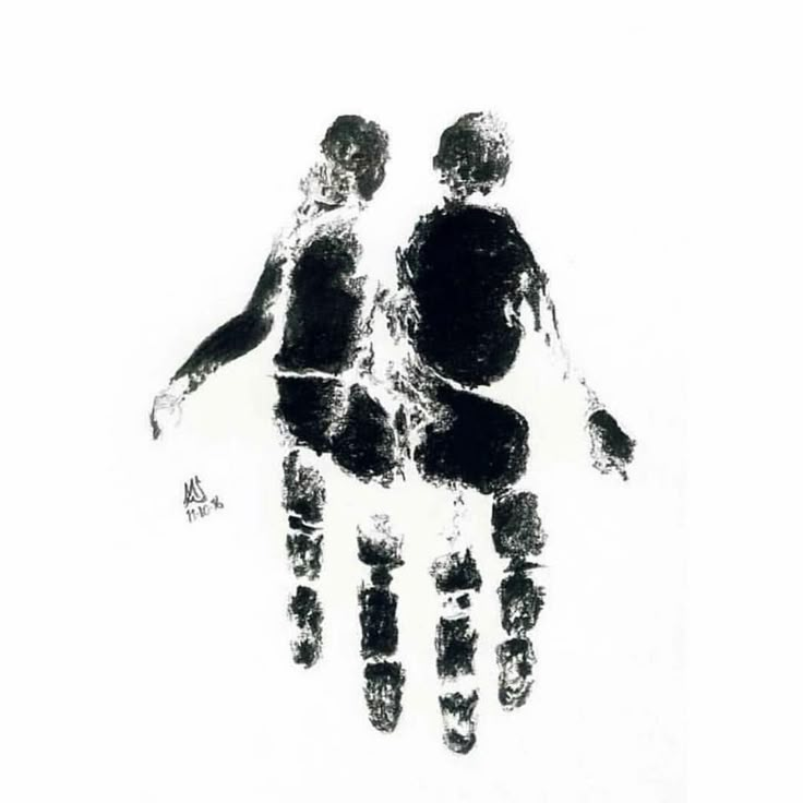 two people are holding hands in the shape of a handprint on a white background