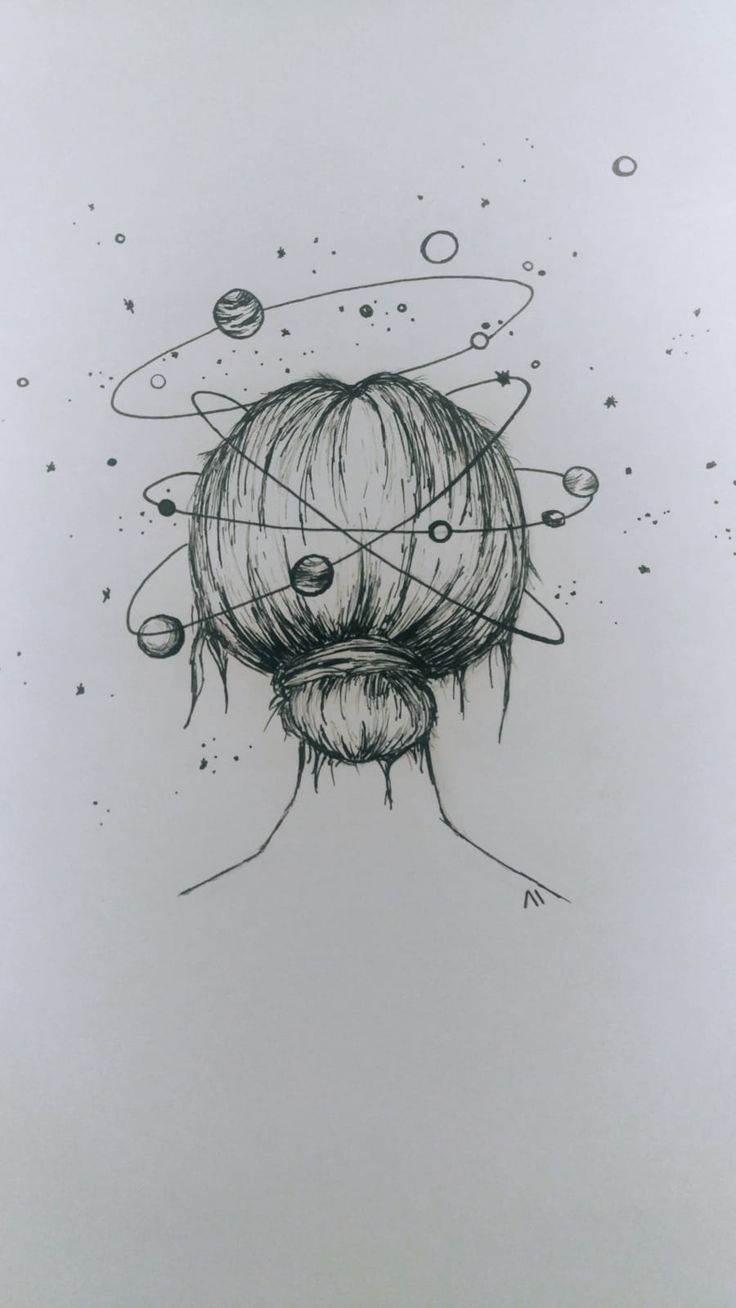 an ink drawing of a man's head with planets in the sky behind him