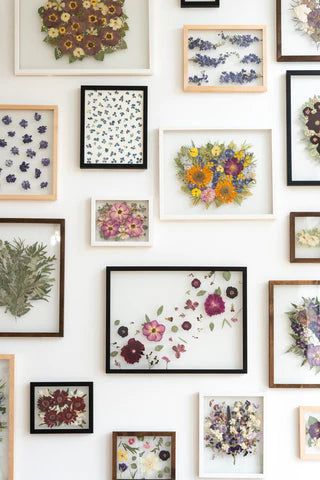 a wall with many framed pictures and flowers on it's side, all hanging up against the wall