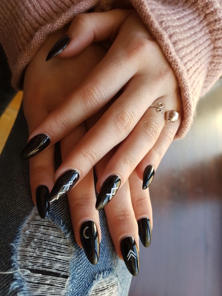 #black #nails #symbol #viking #greek #moon Warrior Nail Designs, Viking Nail Art Ideas, Viking Acrylic Nails, Black And White Witchy Nails, Witch Doctor Nails, Neutral Goth Nails, Greek Mythology Inspired Nails, White Witch Nails, Viking Inspired Nails