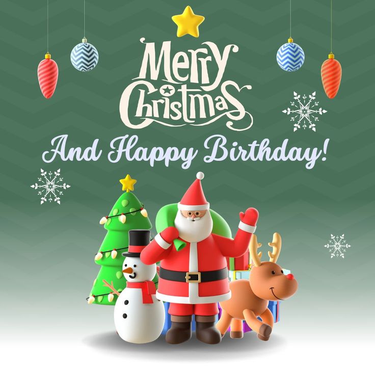 merry christmas and happy birthday card with santa claus, reindeer, snowman and other holiday decorations