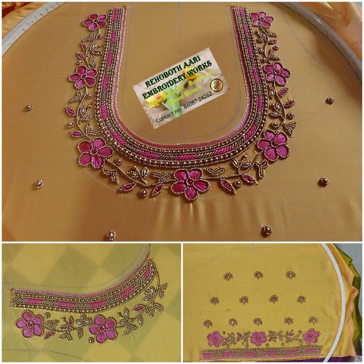 an embroidered blouse with pink flowers on the front and side, along with two pictures of it