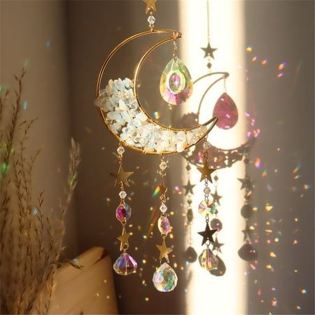 Vocy Keychain Hanging Ornaments Natural Crushed Stone Amethyst Powder Quicksand Moon Garden Decoration Light Collection Pendant White Prism Decor, Jam Pasir, Diy Suncatchers, Crystal Wind Chimes, Crystal Suncatcher, Moon Garden, Rainbow Maker, Charming Garden, Crystal Suncatchers