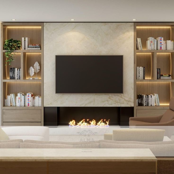 modern living room with fireplace and built - in bookcases, tv on wall