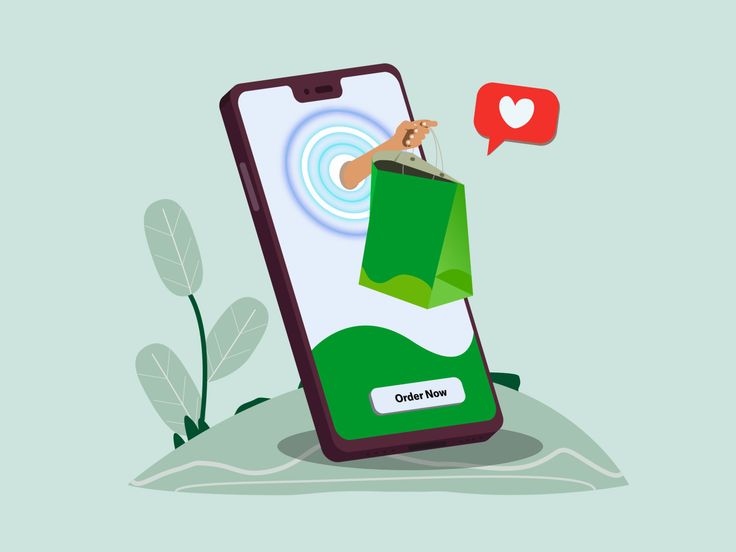 an illustration of a cell phone with a shopping bag on the screen and two hearts flying out of it