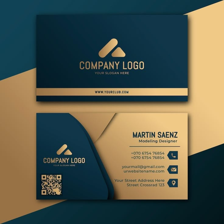 two business cards with blue and gold accents on them, one has a rounded corner