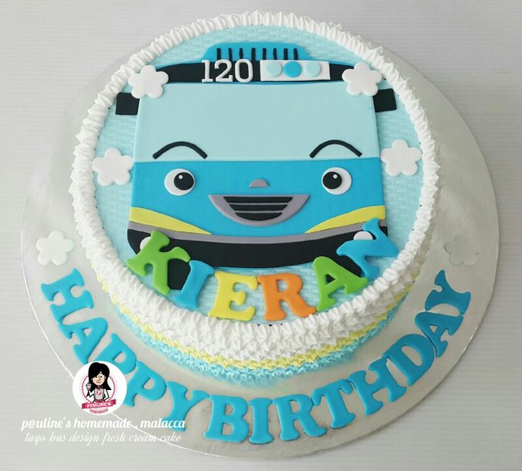 a birthday cake with a blue bus on it