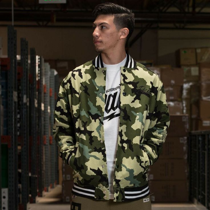 BAIT Basics Baseball Jacket (camo) | BAIT Fall Camouflage Streetwear Outerwear, Fall Camouflage Outerwear For Streetwear, Camouflage Outerwear For Fall Streetwear, Sporty Long Sleeve Camouflage Outerwear, Sporty Camouflage Outerwear For Fall, Camouflage Long Sleeve Windbreaker For Streetwear, Fall Military Style Track Jacket For Streetwear, Military Style Track Jacket For Fall Streetwear, Casual Camouflage Outerwear For Streetwear