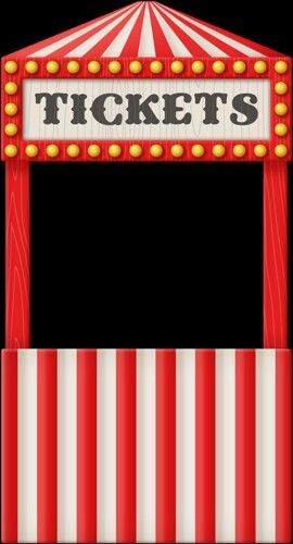 a red and white striped circus tent with the word tickets on it's side