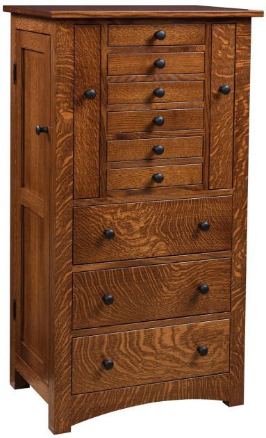 a wooden chest with five drawers and two doors