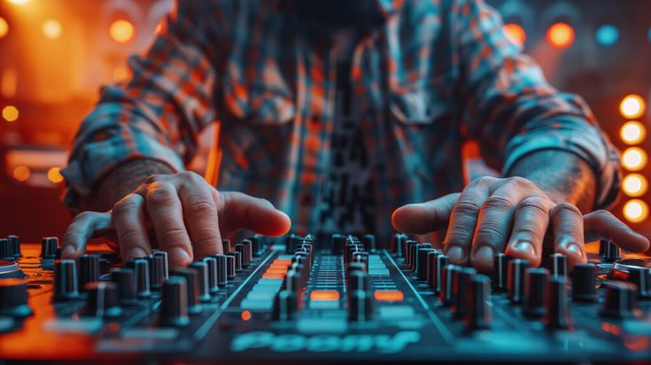 a dj mixing music in front of some lights