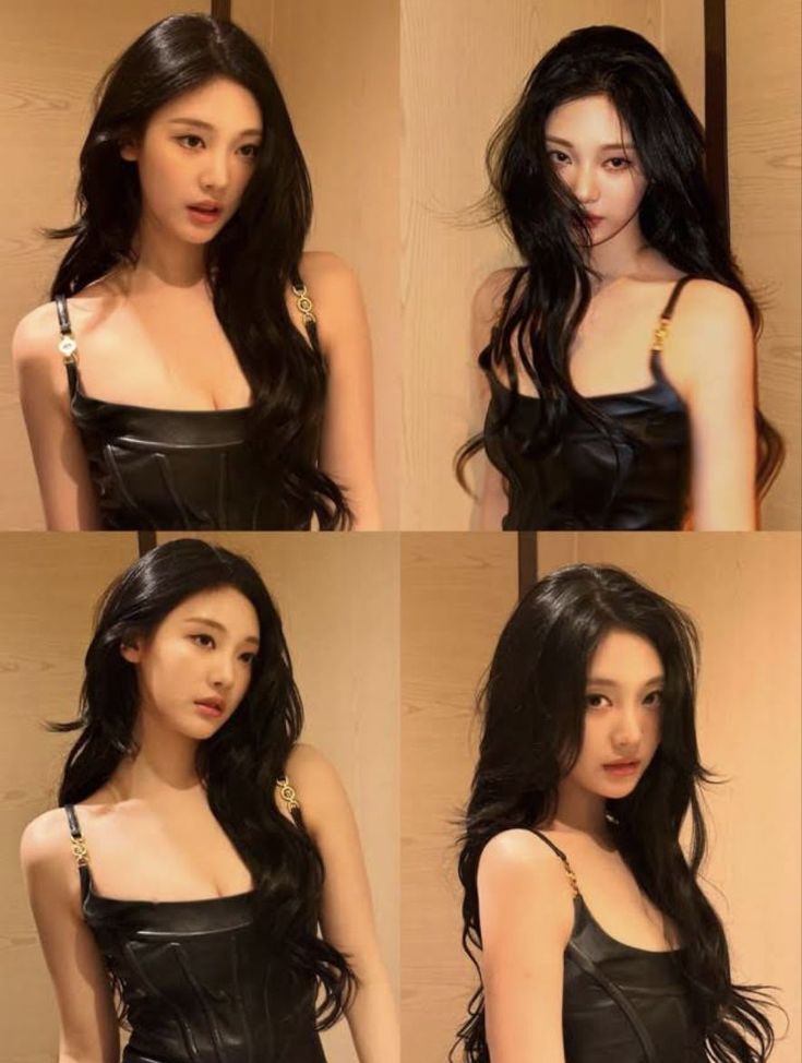 four different pictures of a woman with long black hair and wearing leather clothes, posing for the camera