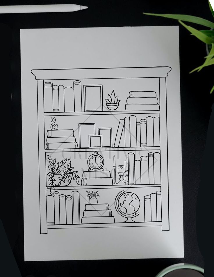 a black and white drawing of a bookshelf with plants in it on a table