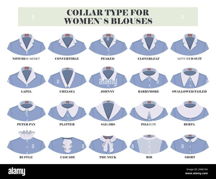 Download this stock vector: Different collar types for woman blouses vector illustration set - 2X0615A from Alamy's library of millions of high resolution stock photos, illustrations and vectors. Types Of Collars For Women Dress, Different Kinds Of Collars, Types Of Necklines Blouses, Types Of Collars Illustration, Different Types Of Collars For Women, Jacket Collar Types, Shirt Collar Drawing, Collar Styles For Women, Types Of Collars For Women