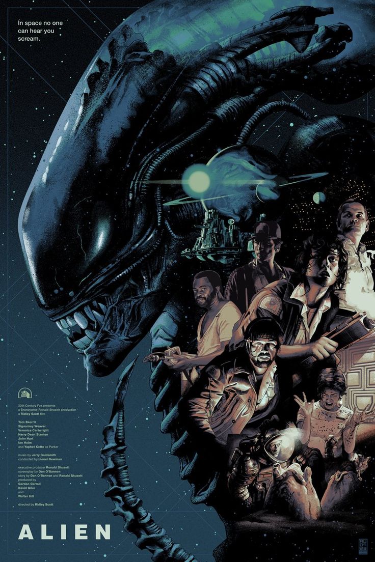 an alien movie poster with people standing around the aliens and looking at something in the distance