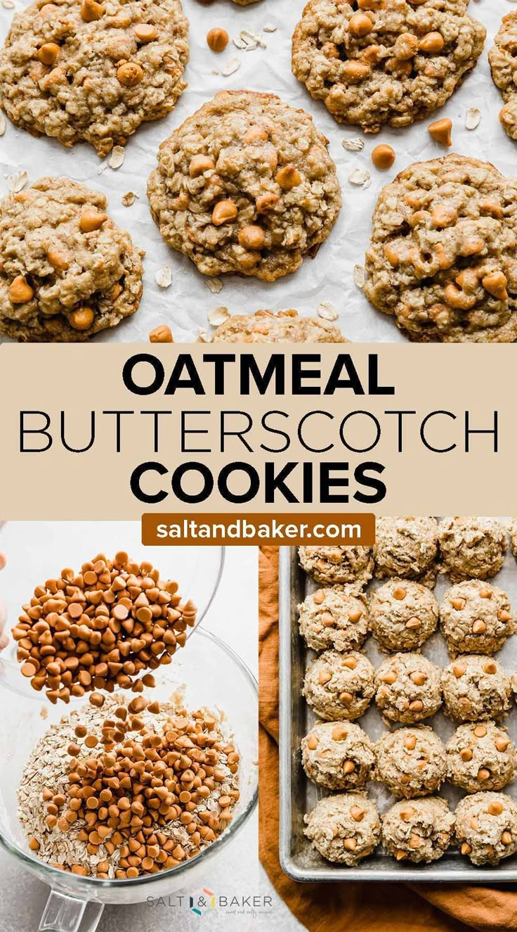 oatmeal butterscotch cookies on a baking sheet and in the background is a glass bowl with oats