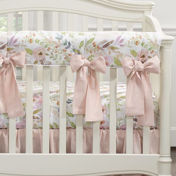 Blush Watercolor Floral Crib Rail Cover With 4 Pre-Tied Oversized Bows - Liz and Roo Nursery Cribs, Luxury Baby Bedding, Baby Girl Crib Bedding Sets, Girls Nursery Floral, Floral Crib Bedding, Girl Crib Bedding Sets, Pink Crib, Crib Rail Cover