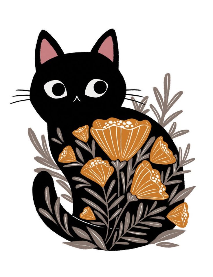 a black cat sitting in front of some flowers