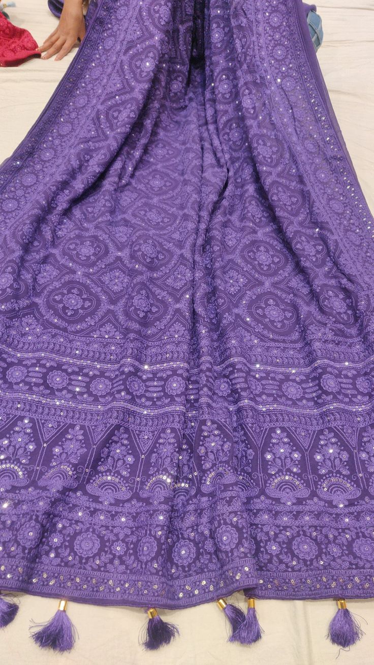 Fabric - pure Gorgette  Chikanakri saree wid blouse piece Navratri Georgette Sharara With Chikankari Embroidery, Semi-stitched Georgette Sharara With Chikankari Embroidery, Purple Georgette Embroidered Fabric For Festivals, Purple Embroidered Georgette Fabric For Festivals, Purple Embroidered Georgette Fabric Saree, Diwali Georgette Sharara With Chikankari Embroidery, Bollywood Style Purple Embroidered Georgette Fabric, Self Design Georgette Saree, Purple Bollywood Style Embroidered Georgette Fabric