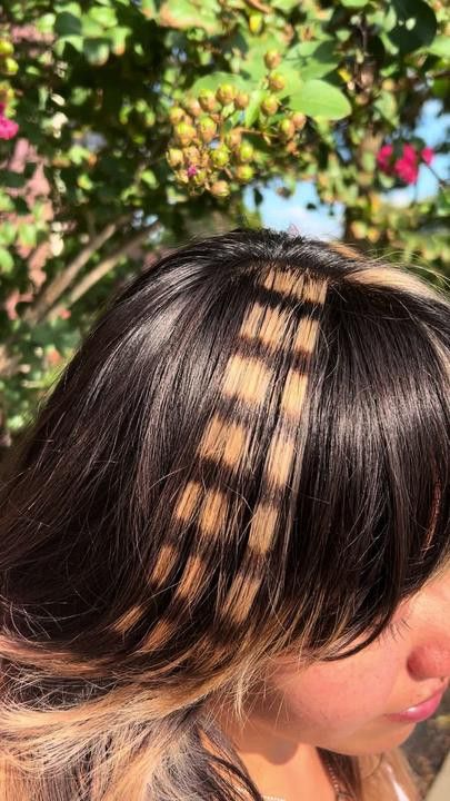 One Stripe Hair Color, Raccoon Highlights Hair, Bang Dyed Hair, Brown And Blonde Raccoon Tail Hair, Chunky Highlights Color, Raccoon Stripes Curly Hair, Colored Streaks In Hair, Dyed Streaks In Hair, Bleached Strands Of Hair