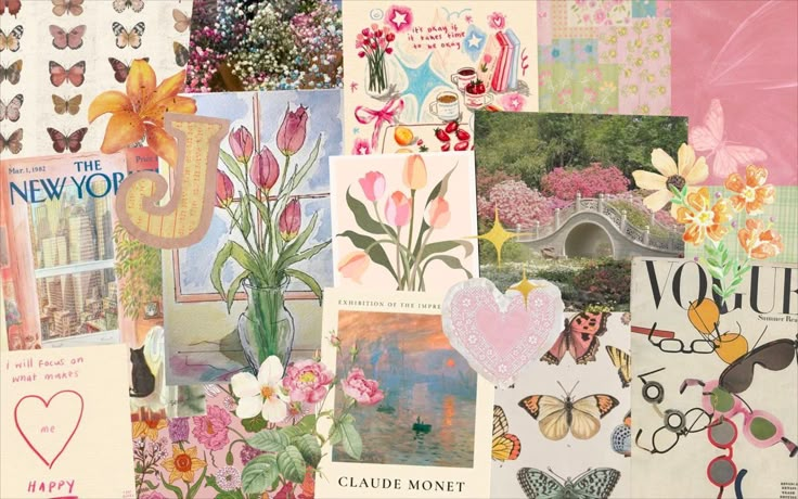 a collage of flowers, butterflies and pictures