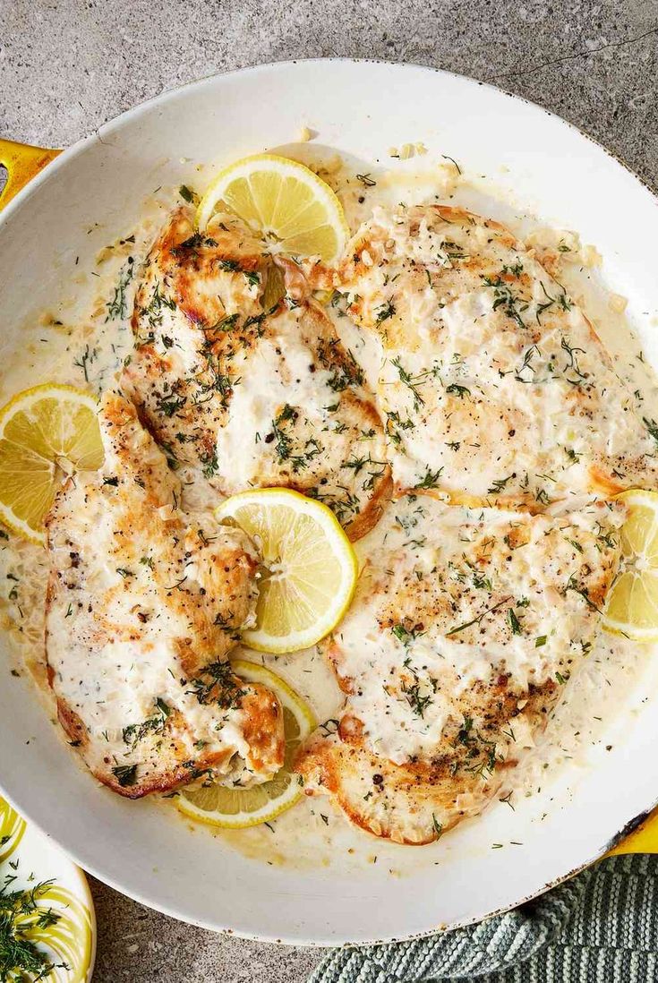 This creamy lemon and dill skillet chicken recipe is a true crowd-pleaser and makes for a perfect weeknight dinner. Lemon And Dill Chicken, Fresh Dill Recipes Chicken, Creamy Lemon Sauce For Chicken, Dill Chicken Recipes, Chicken Theighs, Creamy Dill Chicken, Chicken With Dill, Protein Dishes, Lemon Dill Chicken