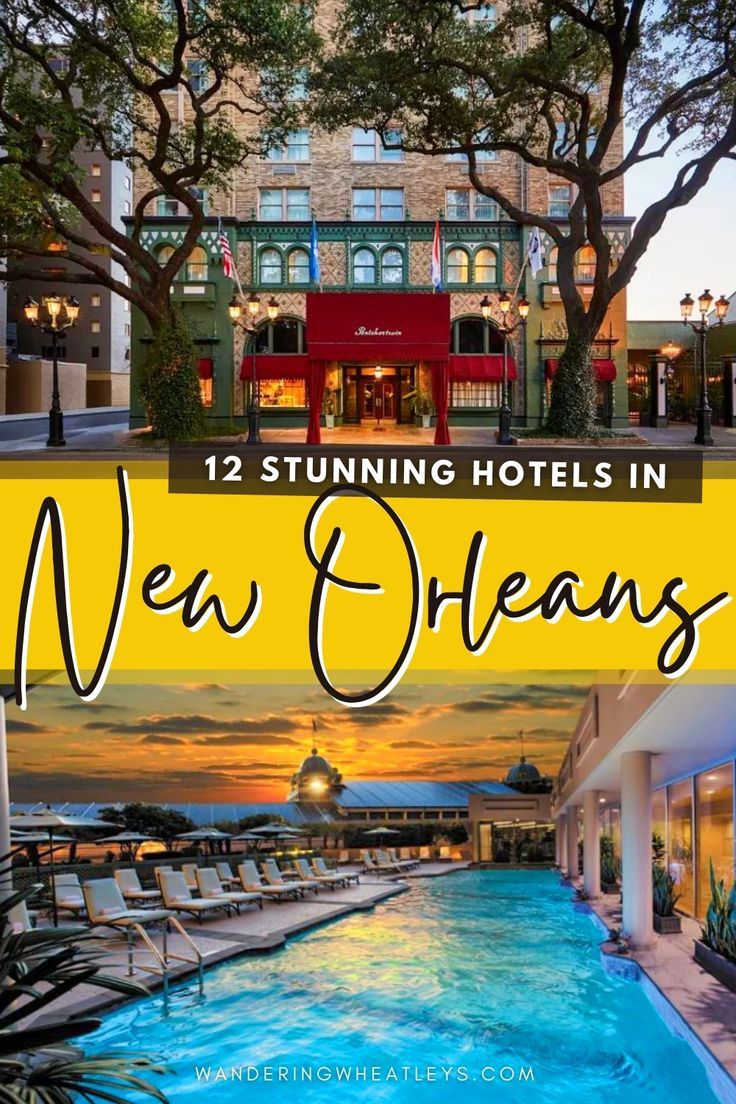 an outdoor swimming pool with the words new orleans on it and two photos of hotels