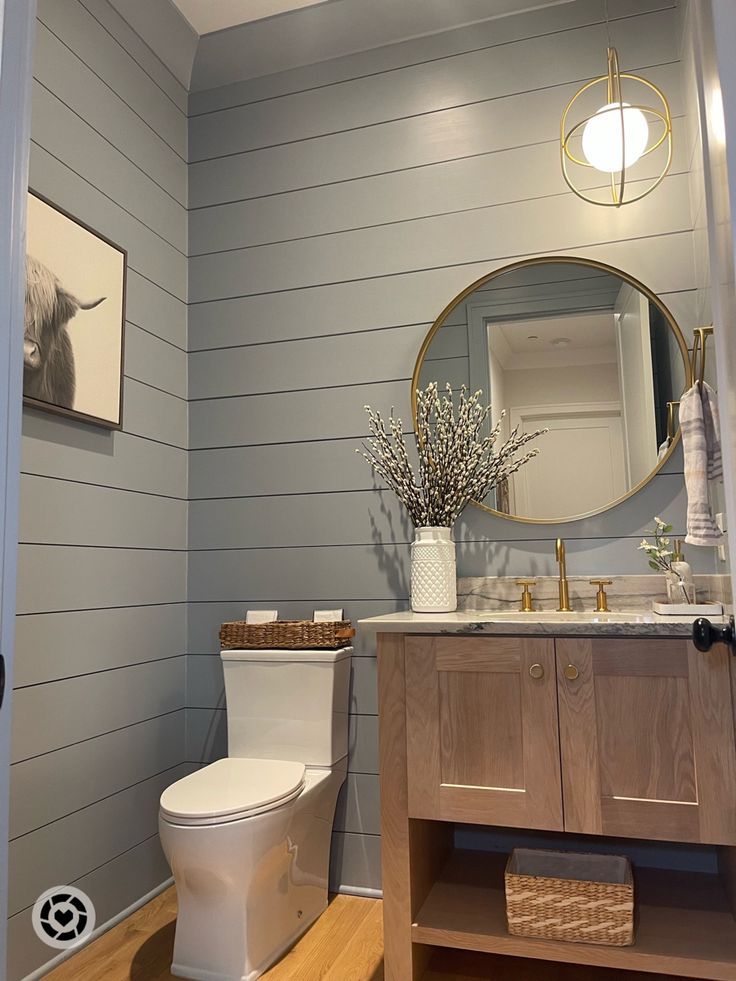 a white toilet sitting in a bathroom next to a wooden counter top under a round mirror